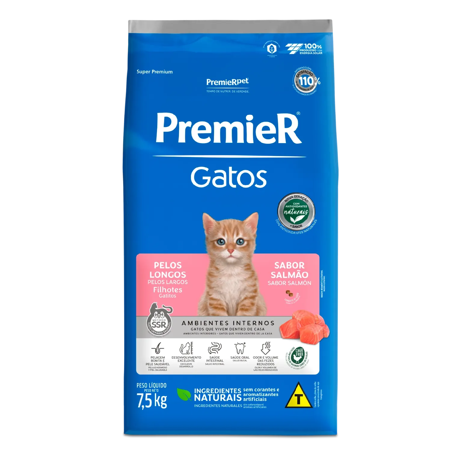 Ração Premier Ambientes Internos Gatos Filhotes Pelos Longos Salmão